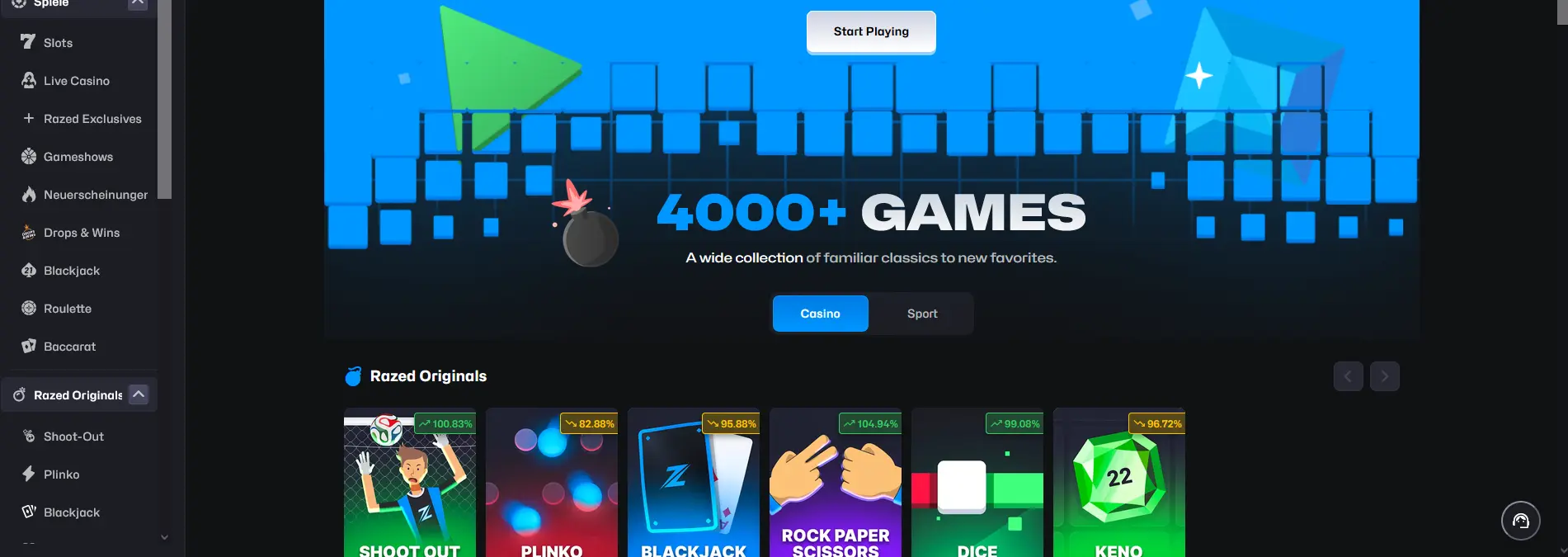 Razed Casino – Startseite mit Spiellobby und Krypto-Willkommensbonus